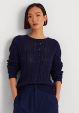 Lauren Ralph Lauren Aran-Knit Cotton Long Sleeve Sweater Navy Size 1X 3289