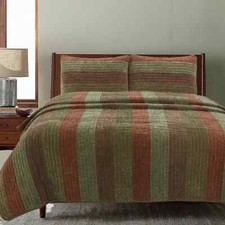 NEW  COZY COUNTRY BROWN GREEN RED CORDUROY STRIPE CABIN LODGE SOFT QUILT SET