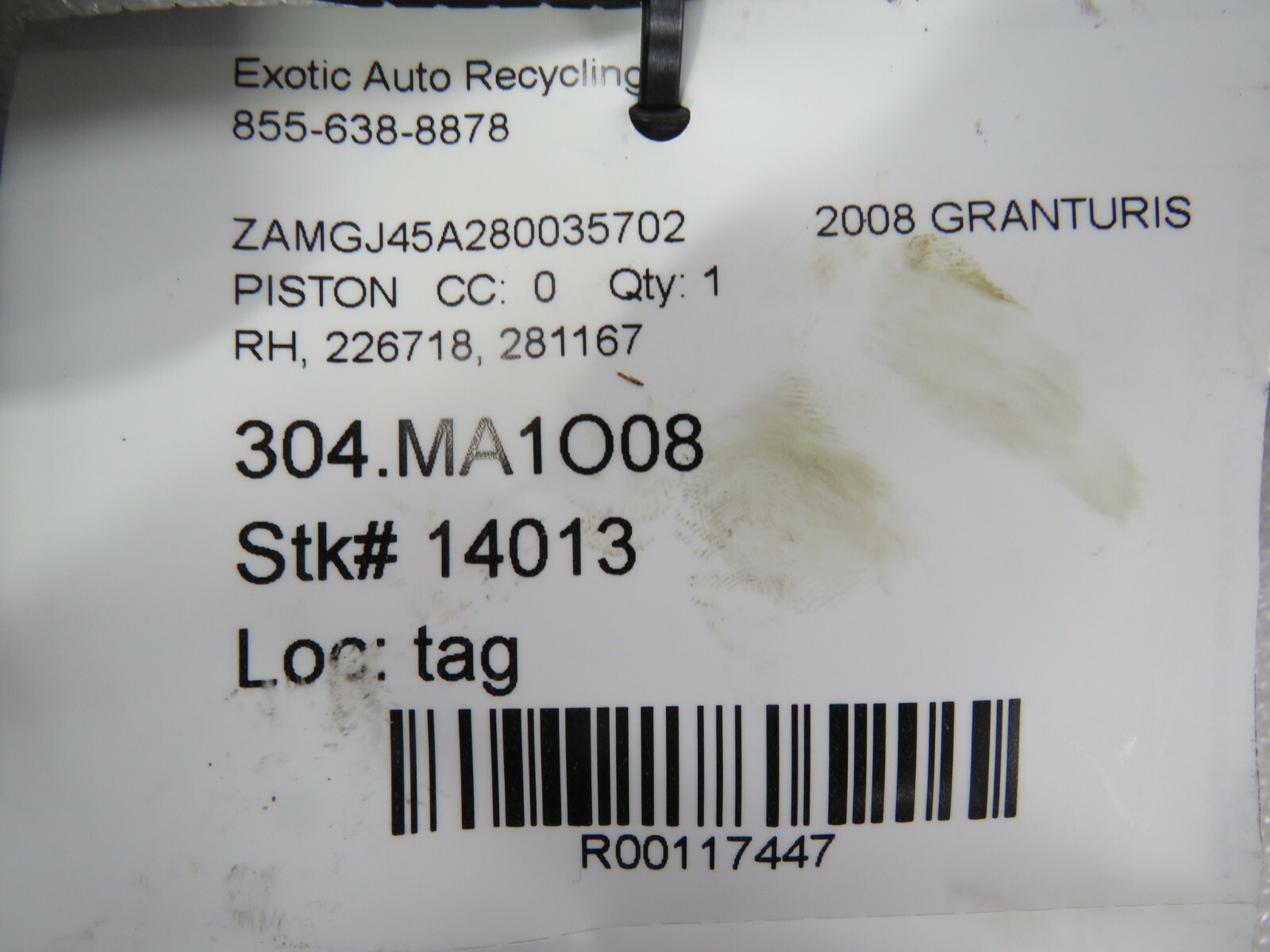 Maserati Granturismo, RH, Right Piston, Used, P/N 226718 