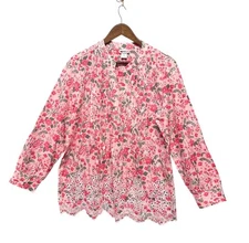 Women’s Size M Floral Tunic Top Feminine Pink Roll Tab Sleeves Popover Cottage