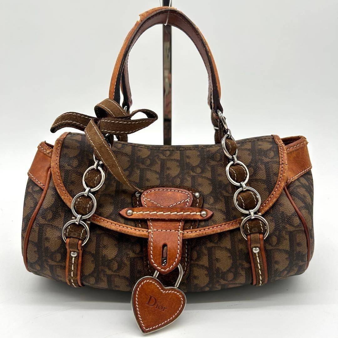 Auth Dior Trotter Romantic Heart Padlock Mini Handbag Brown PVC Leather Italy