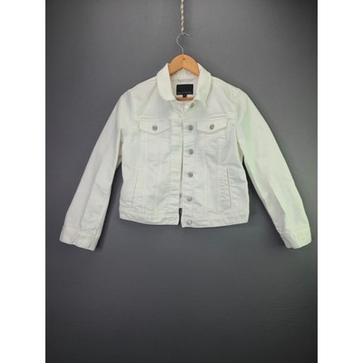 Banana Republic White Denim Jacket Petite S Pearl Heart Patch Trucker Button Up