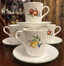 4 Sets Corning Corelle CHUTNEY Stoneware Cups & Saucers White Swirl Fruit EUC