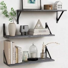 Gray Floating Shelves Wall Mounted Bookshelf Set of 3, 24 Inches Long 8 Inch ...