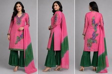 Women Indian Pakistani 4PC Pink Green Embroidered Kurta Pants Dupatta A37