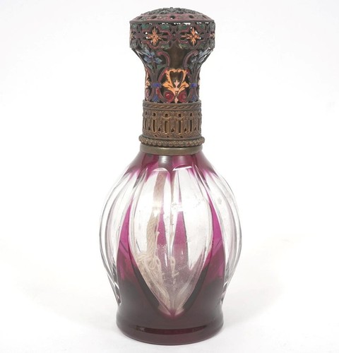 St Louis Crystal France Amethyst Scent Diffuser Oil Lamp w/ Enameled Lid, 7 1/4"