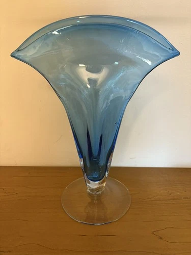 Vintage Blenko Azure Blue Clear Art Glass Vase 12” Height