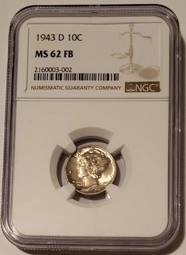 1943 D Mercury Dime MS62 FB NGC Toning