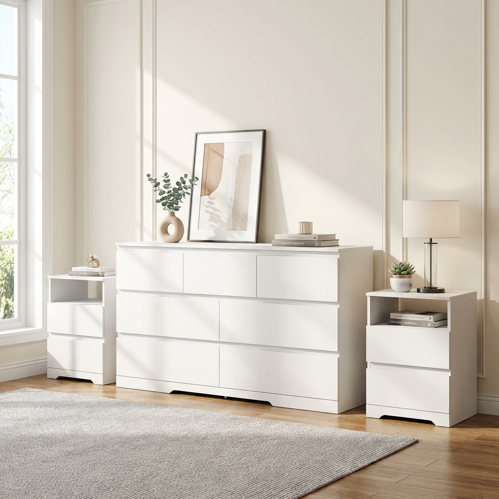 3-Piece Modern Bedroom Furniture Set, 7 Drawer Dresser & Nightstand Sets