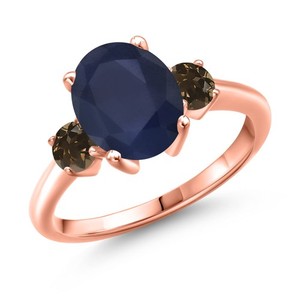 Authentic 3.52 Ct Oval Blue Sapphire Brown Smoky Quartz 18K Rose Gold Plated Silver Ring