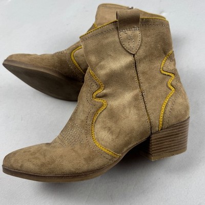Womens Vintage Suede Western Ankle Boots Beige Cowboy Block Heel Booties
