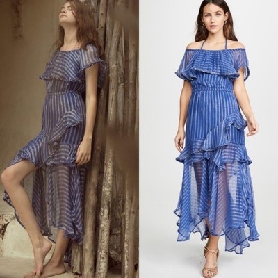 MISA Ambrosia Ruffle Hem Striped Midi Dress Metallic Gold Royal Blue Tiered NEW