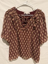 LOFT Ann Taylor Womens Blouse Large Burgundy Floral Ruffle Tie Neck Top