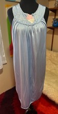 Vtg USA Made Lorraine Nylon Nightgown Large Blue Embroidered Floral
