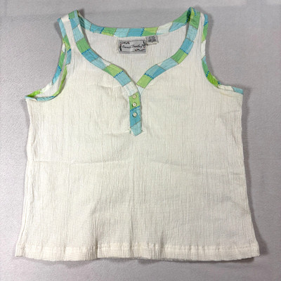 Sarah Bentley White Textured Tank Top Womens M Boho Patch Trim Y2K Summer
