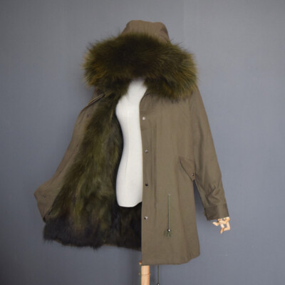 Women Raccoon Fur Iinner Real Fur Collar Hooded Parka Warm Jackets Coat Overcoat