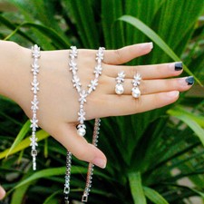 Small Flower Pearl Necklace Bracelet Earrings Silver Plated Zirconia Jewelry Set
