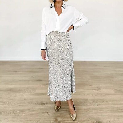 Old Navy Sequin Maxi Skirt Size S Sparkly Silver Party Swiftie Valentine’s  Day