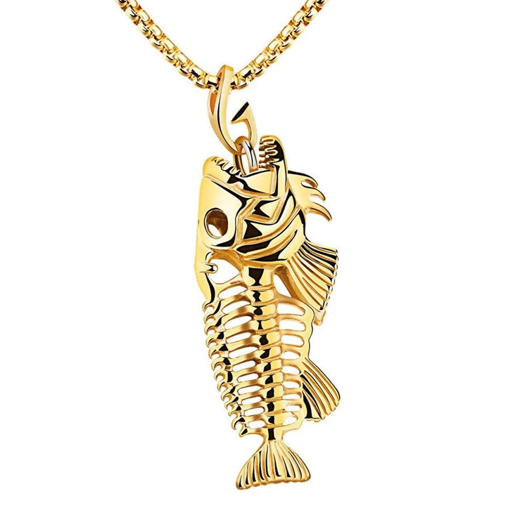 Collar Colgante Hueso de Pez Pez Entero Acero Inoxidable Dorado Negro Plata Foto 4 de 4