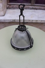 Lampe suspension Holophane vintage – Verre strié & métal – Loft industriel