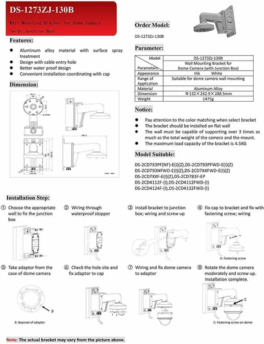 Wall Mount Bracket DS-1273ZJ-130B-TRL For HIKVISION DS-2CD2383G2-IU/2CD2343G2 IP - Picture 6 of 7