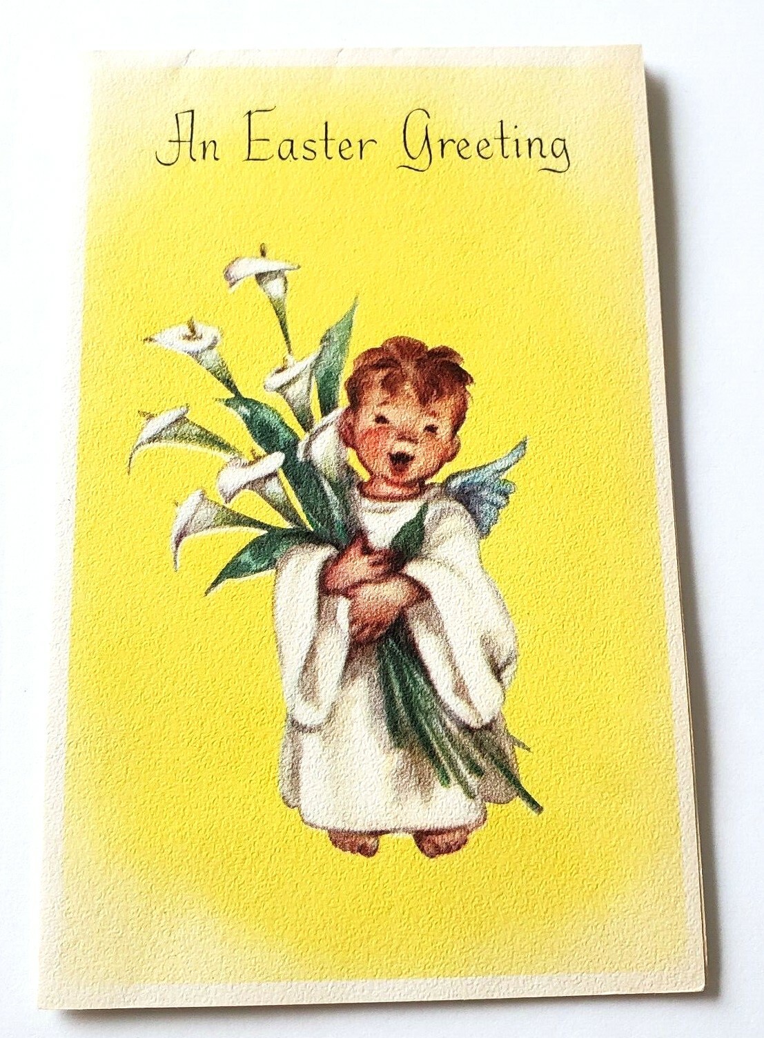 Vintage Easter Card Rust Craft Cute Angel in Robe and Blue Wings with  Lilies | eBay