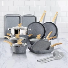17 Pieces Cookware Set Nonstick Granite Coated Pots and Pans Set Bakeware Set
