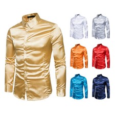 Men Shirt Faux Silk Satin Glossy Tops Button Down Slim Stage Costumes