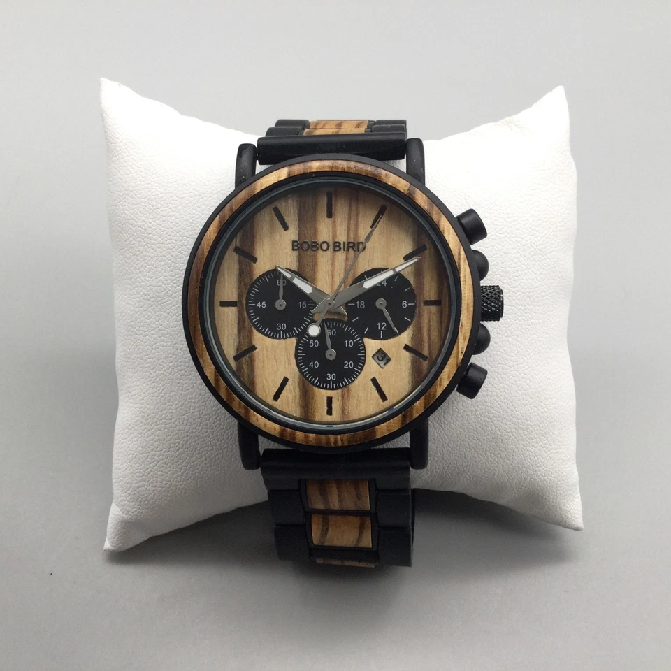 BOBO BIRD Reloj Hombre Cronógrafo Madera Acero Inoxidable 44mm Fecha Marrón 8.5" a Foto 2 de 4