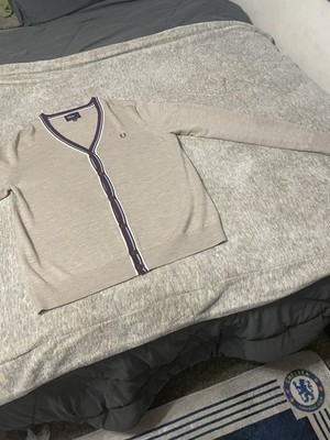Fred Perry Merino Wool Beige Claret/ Blue Tip Cardigan. Size Xl