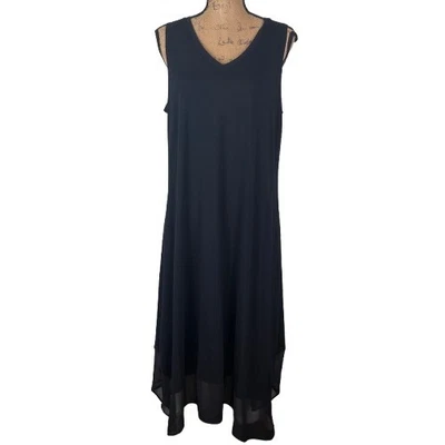 LOGO Lori Goldstein Black Sleeveless V-Neck Jersey Chiffon Hem Midi Dress Large - Image 1 of 4