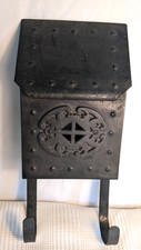 Vintage Black Metal Porch Mailbox Studded Front & Emblem Magazine Rack Hooks