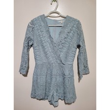 Bae Vely Light Blue Lace Crochet V Neck 3/4 Sleeve Romper Jumpsuit Women's S