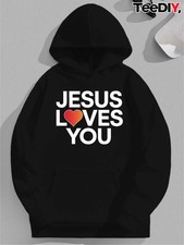  Men's Christian Hooded Sweatshirt - Jesus Loves You Religious Hoodie w/Heart