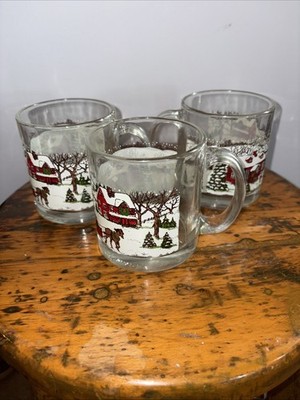 Set of 3 Vintage Libbey Christmas Glass Mugs Winter Snow Scene Horse Sleigh Ride