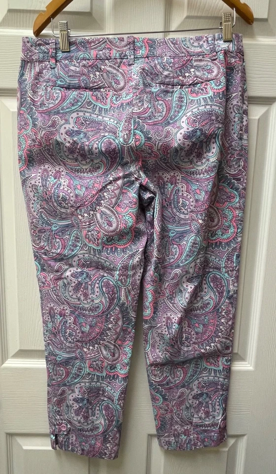 Pantalones Talbots Para Mujer 10 Azul/Rosa Paisley Corte Perfecto Elastizado Cintura Preppy Foto 4 de 4
