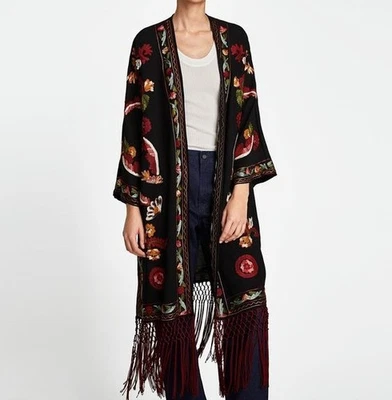ZARA WOMAN 💕BOHO KIMONO COAT FLORAL FLORAL EMBROIDERY WITH FRINGES Size XS-S - Image 1 of 4