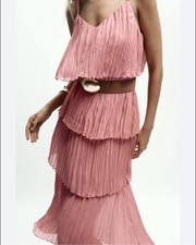 ZARA BELTED RUFFLED MIDI DRESS M MARSALA 5029/186/172