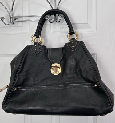 Marc Jacobs Large Black Pebbled Satchel Gold Hardware Logo Plaque