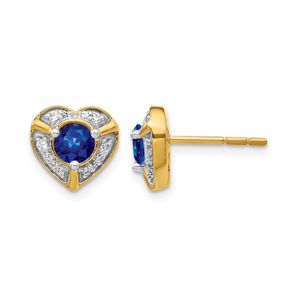 14k Yellow Gold 4.5mm Round Sapphire and Diamond Halo Fancy Heart Stud Earrings