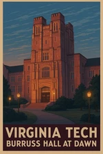 Virginia Tech Burruss Hall at Dawn 🌅 - Vintage-Style Art Print (1980s) 24x36”