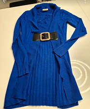 Damen Strickkleid blau kurz Langarm mit Gürt...