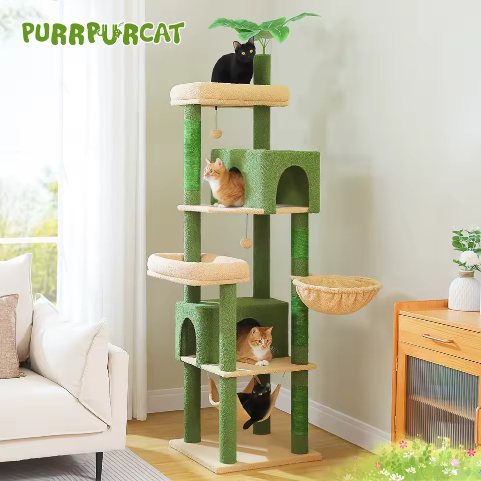 Arbre à chat tour grand modèle avec griffoir intégré et cabane confortable pour chat gris