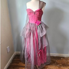 Vtg 1950s Custom Pink Taffeta Grey Tulle Ball Gown Floral One Shoulder Dress