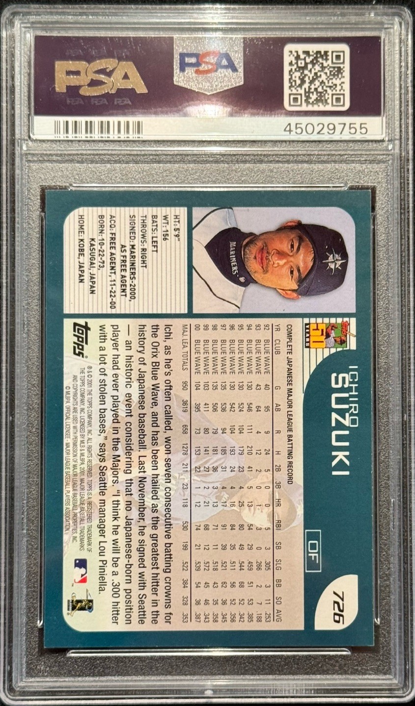 2001 Topps - Ichiro Suzuki Rookie #726 (RC) PSA 8 Mariners  view 2