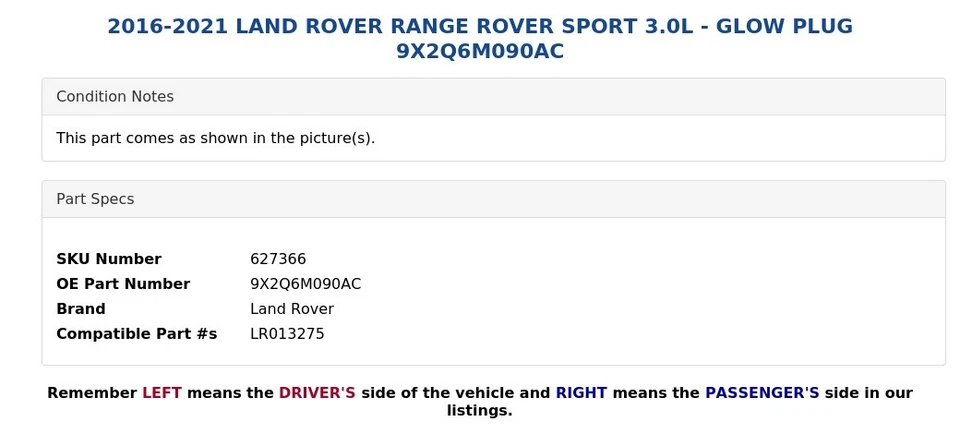 Land Rover Range Rover Sport 2016-2021 3,0 L - bujía incandescente 9X2Q6M090Ac Foto 4 de 4