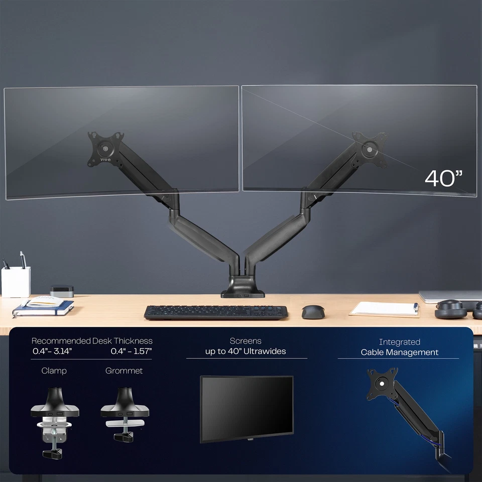 VIVO Dual Ultrawide 40" Computer Monitor Desk Mount with Pneumatic Spring Arms - Image 4 of 4