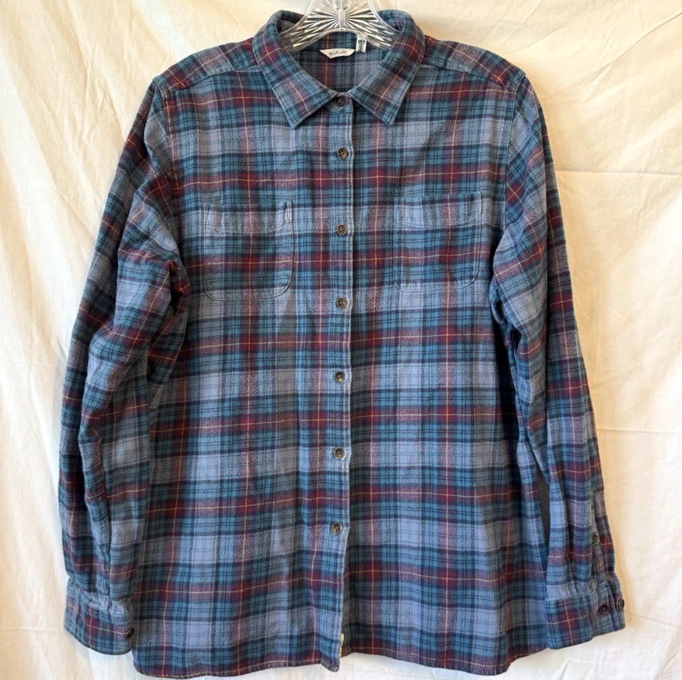 Camisa de franela Woolrich para mujer XL 100 % algodón azul gris botones a cuadros manga larga Foto 2 de 4