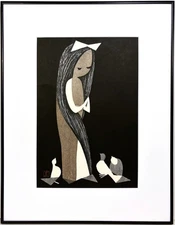 Signed KAORU KAWANO 20th c. Japanese WOODBLOCK PRINT Girl w/ Doves SOSAKU HANGA