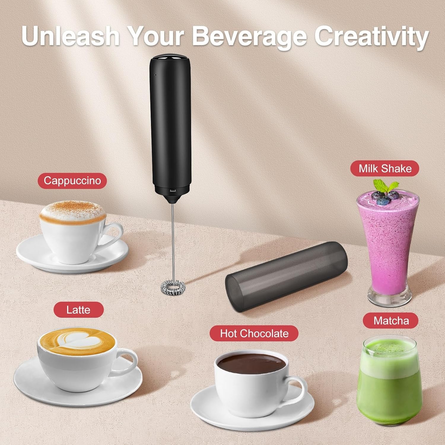 Milk Frother Handheld Rechargeable, Frother Wand with Storage Cover, Drink Mixer